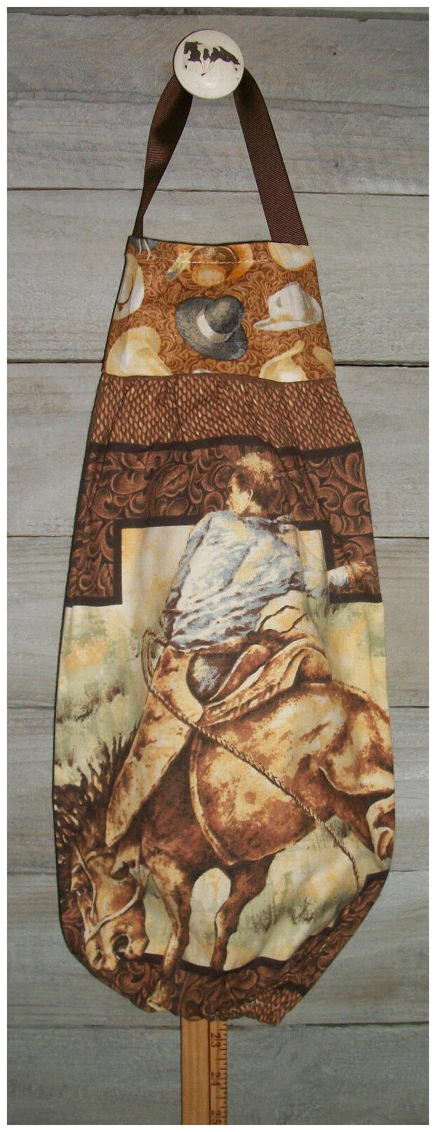 

Bronco Riding Cowboy Horse Rope Hat Plastic Grocery Bag Rag Sock Holder Handmade