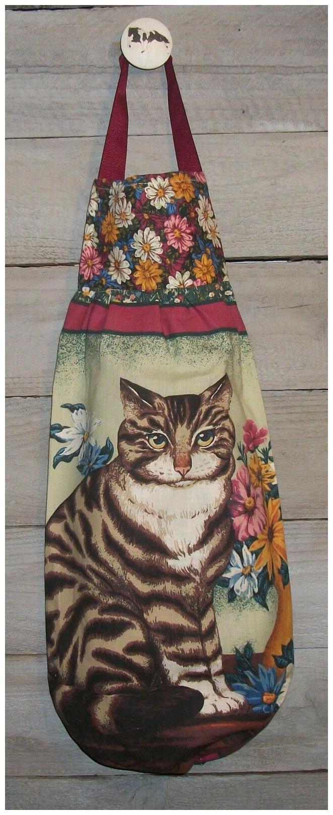 

Brown Striped Cat Kitty Flowers Plastic Grocery Bag Rag Sock Holder Organizer