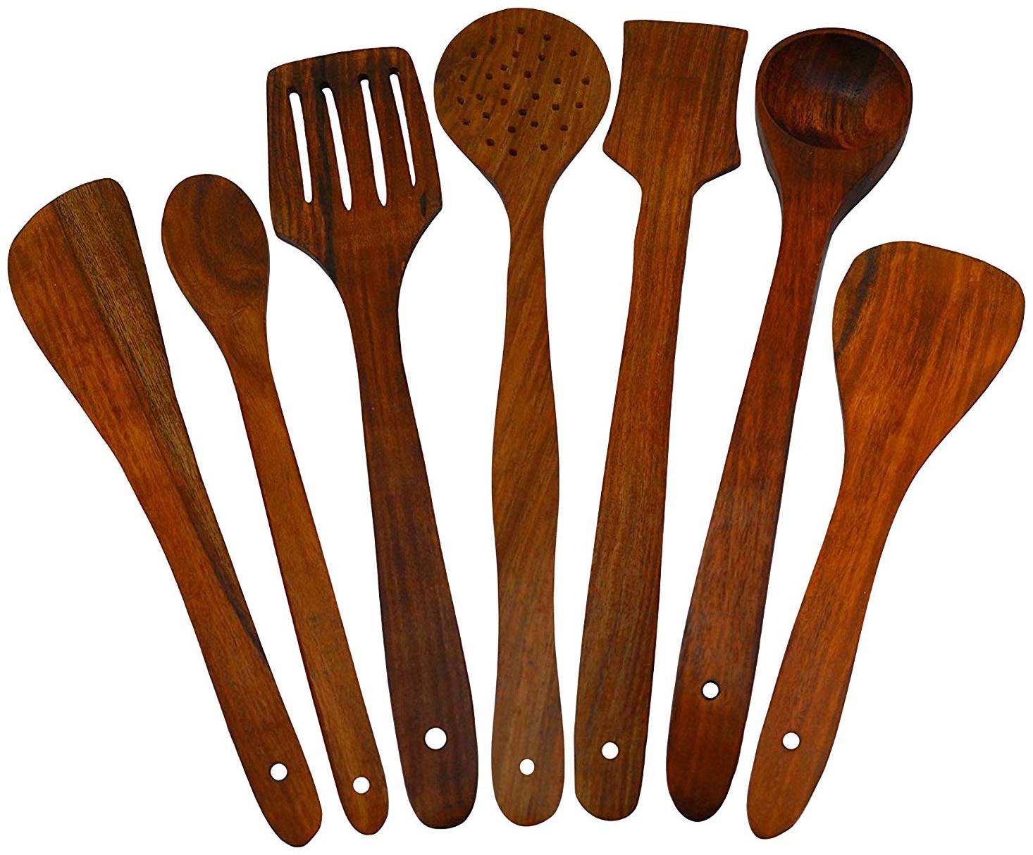 

BuyCrafts Handmade Wooden Non-Stick Serving and Cooking Spoon Kitchen Tools Utensil Set of 7