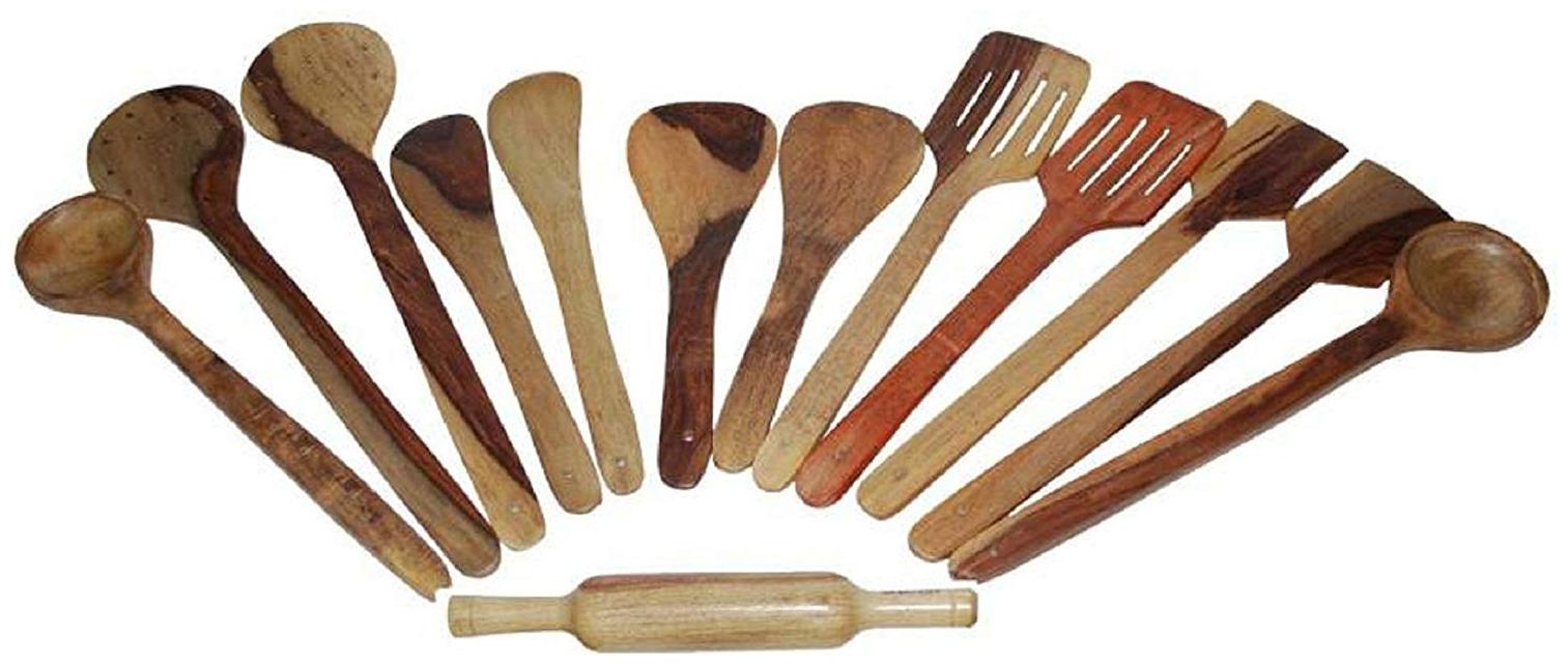 

BuyCrafts Wooden Cooking Spoons and Serving Spoon Set of 13 with roti roller Non Stick Kitchen Utensil