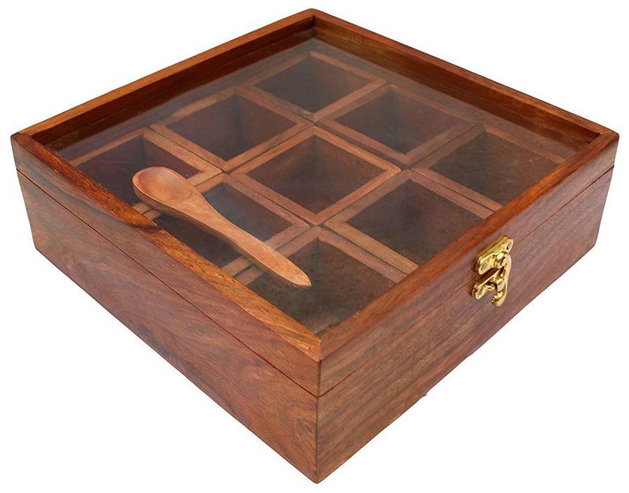 

BuyCrafts Wooden Spice Box with Spoon for Kitchen Spice Container for Kitchen Wooden Masala Box Spiece Jars Masala Dabba