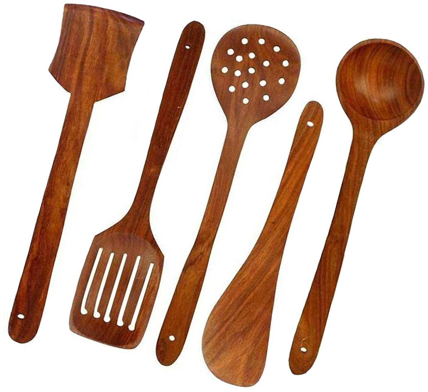 

BuyCrafts Wooden Non-Stick Serving and Cooking Spoon Kitchen Tools Utensil Set of 5