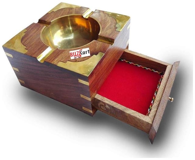 BuzyKart Vintage Wooden Ash Tray Cum Cigarette Case Drawer Purely Handcrafted
