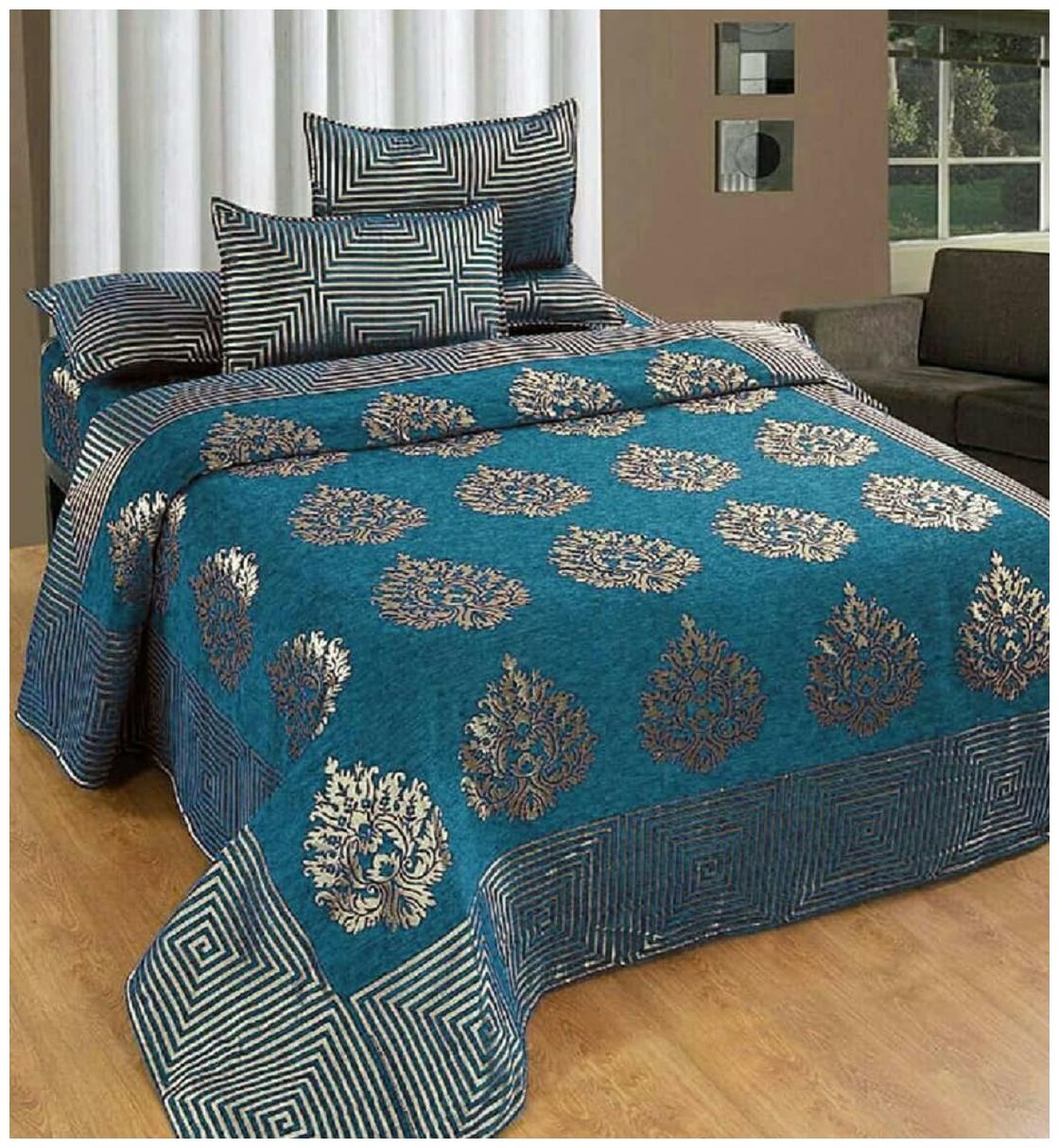 

Byloom Chenille Abstract Double Size Bedsheet 220 TC ( 1 Bedsheet With 2 Pillow Covers Blue )
