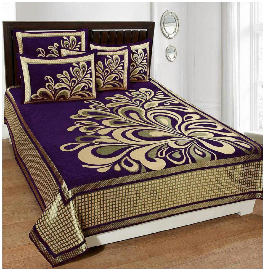 

Byloom Chenille Abstract Double Size Bedsheet 220 TC ( 1 Bedsheet With 2 Pillow Covers Purple Beige )
