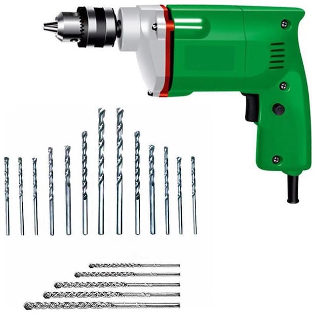 POWERFUL 10MM DRILL MACHINE WITH 13pcs HSS METAL/WOOD BIT SET & 5pcs MASNORY WALL BIT SET (COLOUR ASSORTED)