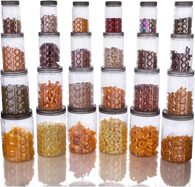 SKYFLY Plastic Jar Set of 24 ( 350 ml to 2000 ml , Transparent  , Grey )