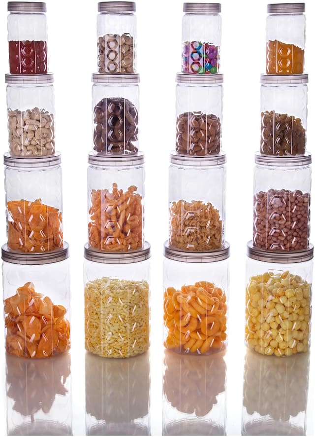 SKYFLY Plastic Jar Set of 16 ( 350 ml to 2000 ml , Transparent  , Grey )