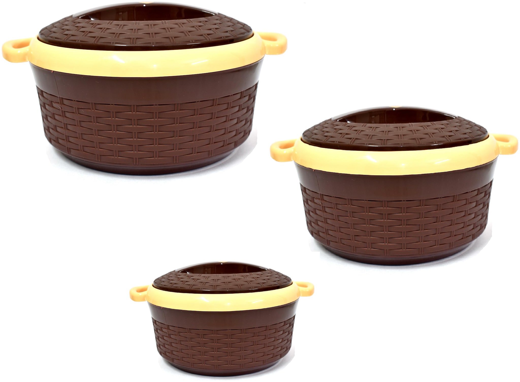 

Capnicks Ruchi Set of 3 pcs (1200ML 1800ML 2400ML) Exotic Insulated BPA Free 18 8 Food Grade Stainless Steel Hot Pot Casserole for Roti Chapati Paratha Idli Dal Curd (Brown Colour)