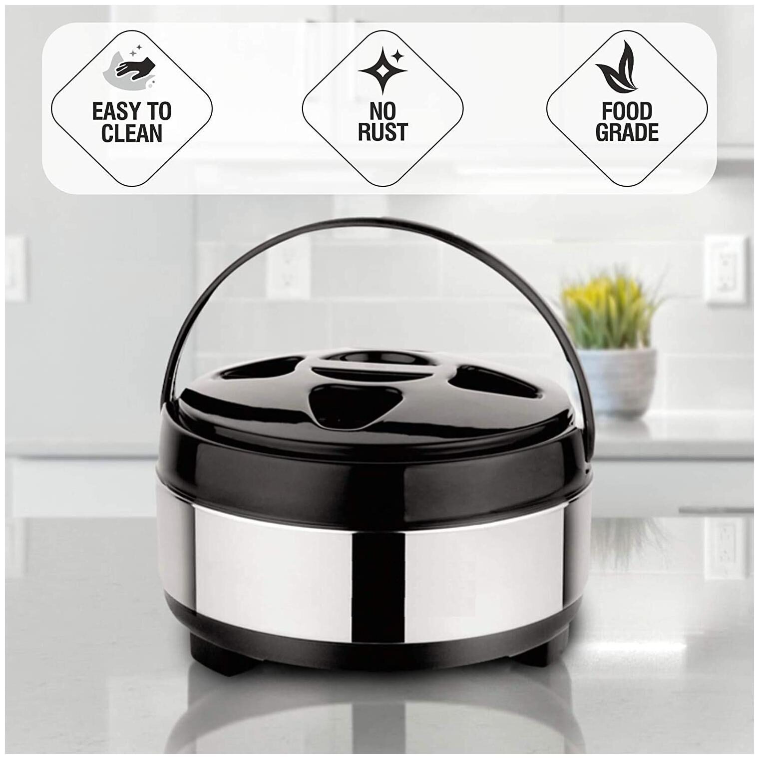 

Capnicks Steel 3 Litre Hotpot Casserole (Double Wall Insulated 3000 ML Stainless Steel for hot Meal chapati Curry roti Warm Food Serving) with lid Handle