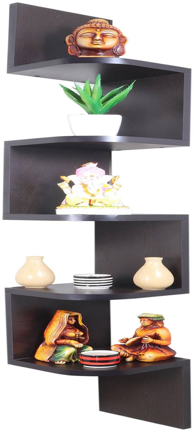 Captiver Morplus Zigzag Wall Mounted Corner Wooden Shelf - Set of 5 Wenge