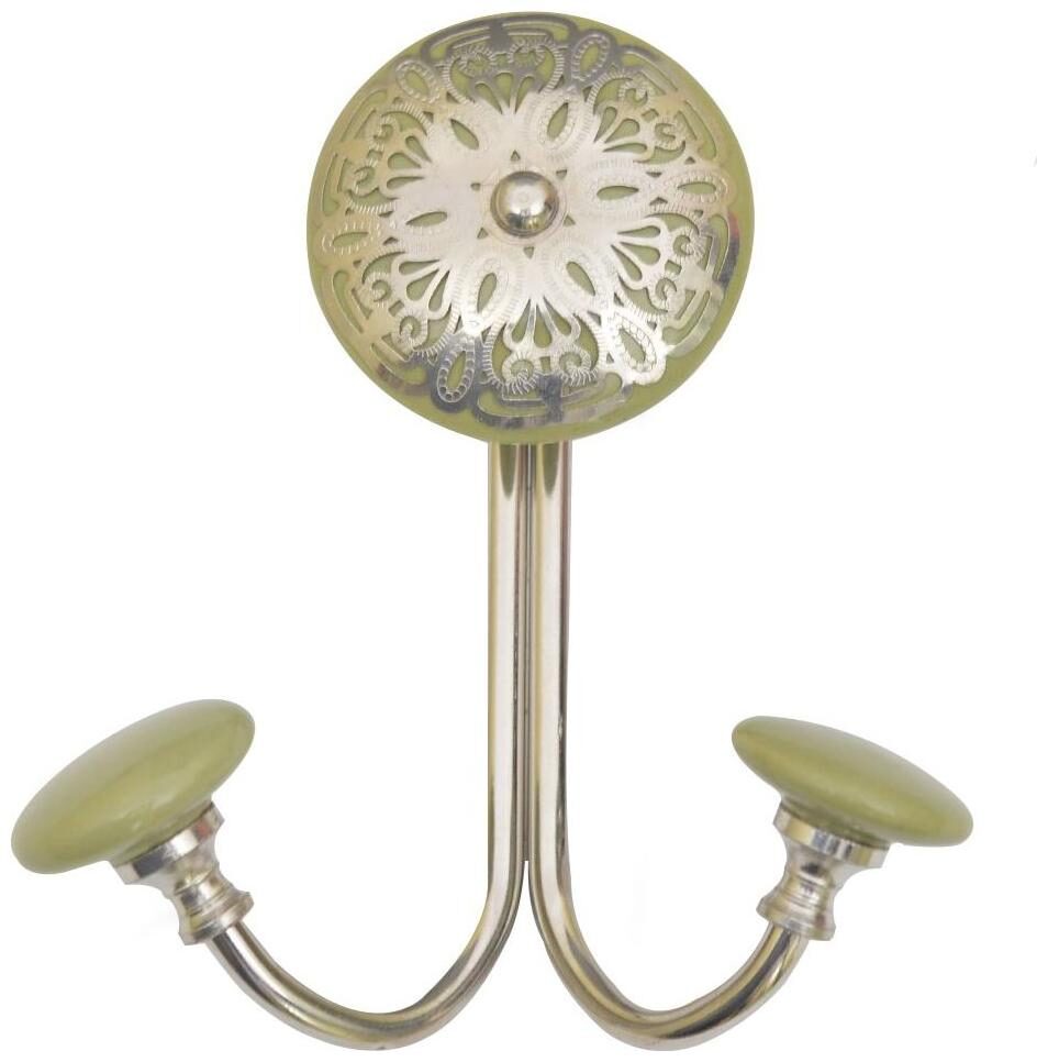 

Casa Decor Ceramic Filigree Wall Hook Cabinet Bathroom Towel Hat Key Clothes Holder Saga Green with Silver Accent