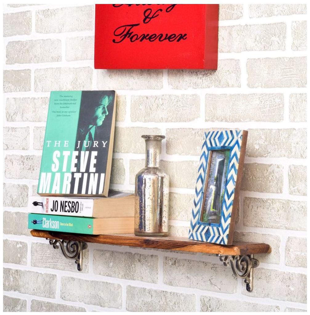 

Casa Decor Mango Wood Wall Shelf With Silver Wall Shelf Bracket Ornate Pattern Cast Iron Brace
