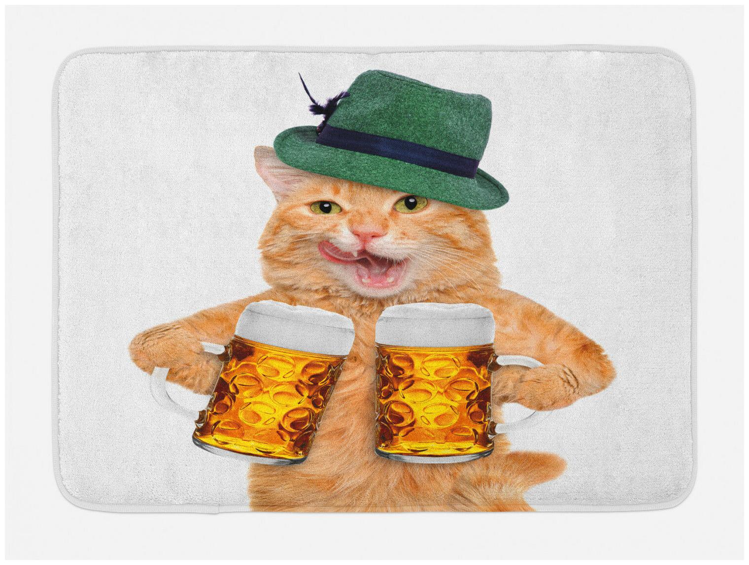 

Cat Bath Mat Cool Cat Hat Beer Mug Funny Non-Slip Plush Mat 29 5 X 17 5 Inches