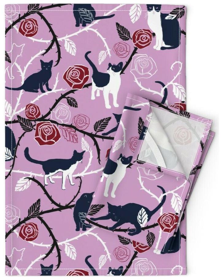 

Cats In The Rose Garden Roses Linen Cotton Tea Towels by Roostery Set of 2