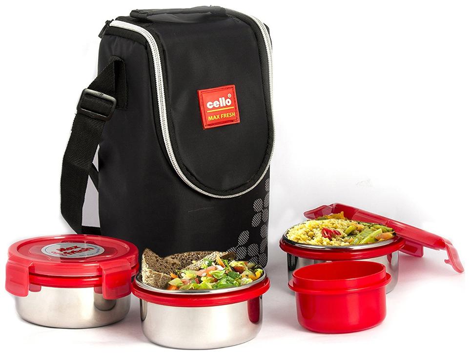 Cello Max Fresh Steel Click 4 Container Lunch Box Red