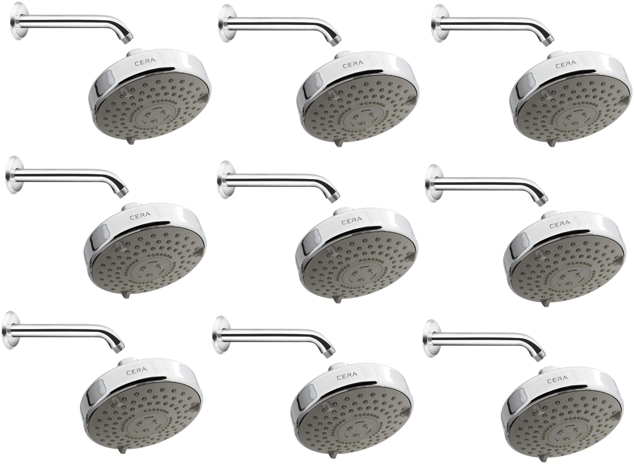 

CERA - Overhead Shower 95 MM (4 Inches) with 3 Flow and Shower Arm 230 MM (9 Inches) with Wall Flange Set of 9 pcs
