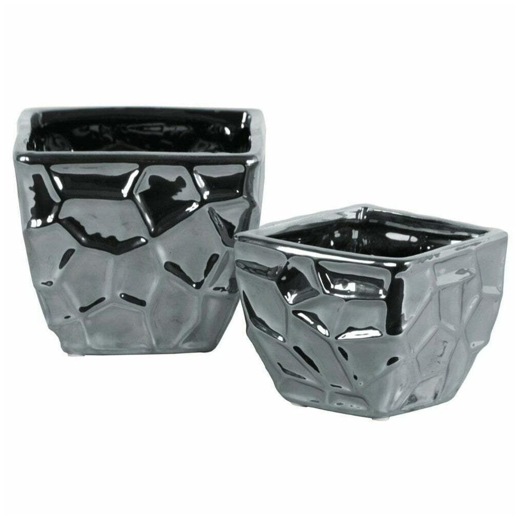 

Ceramic Square Vase with Embossed Irregular Design Set Of Silver