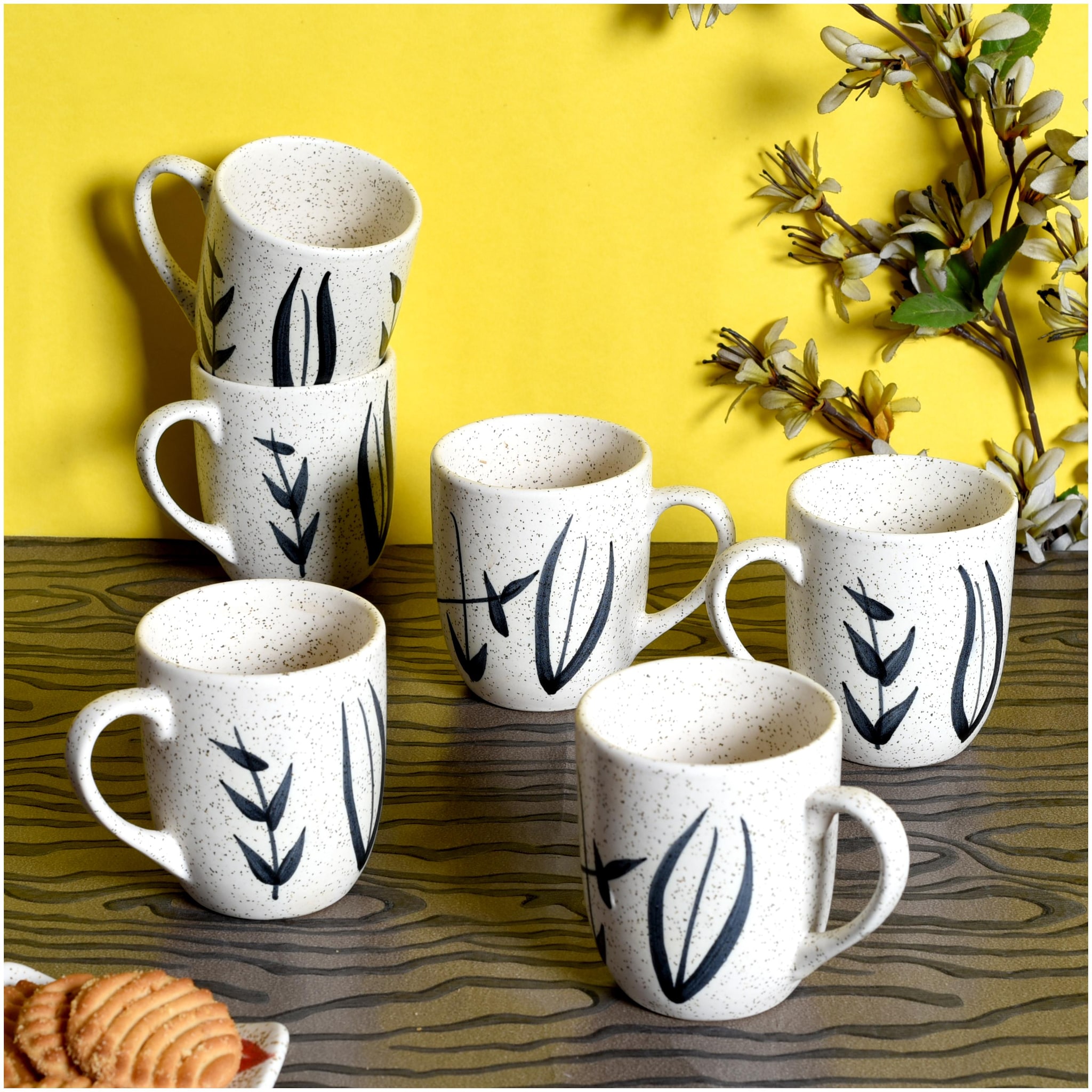 

Tashveen Articles Ceramic Coffee Mug Set of 6 (White and Black Hand Painted in Matte Finish 200 ML) Tea Cups Milk Mugs
