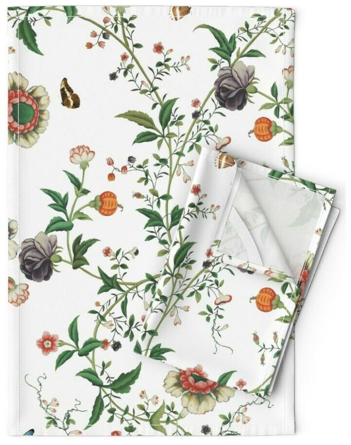 

Chinoiserie Butterfly Floral Asian Linen Cotton Tea Towels by Roostery Set of 2