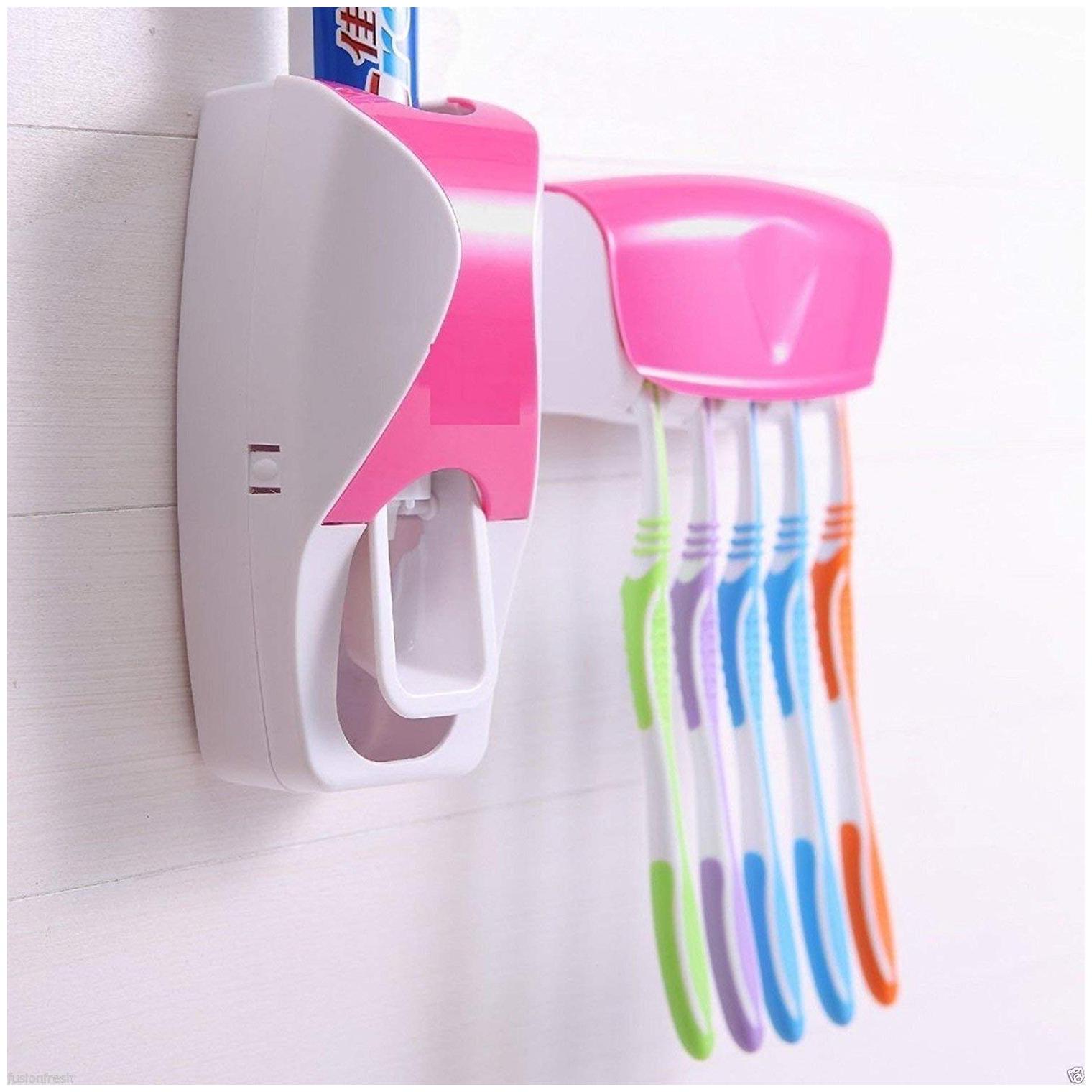 

Cierie Toothbrush Holder with Cover Automatic Toothpaste Dispenser Set Dustproof with 3m Sticky Suction Pad Wall Mounted Kids Hands Free Toothpaste Squeezer for Washroom (Pink)
