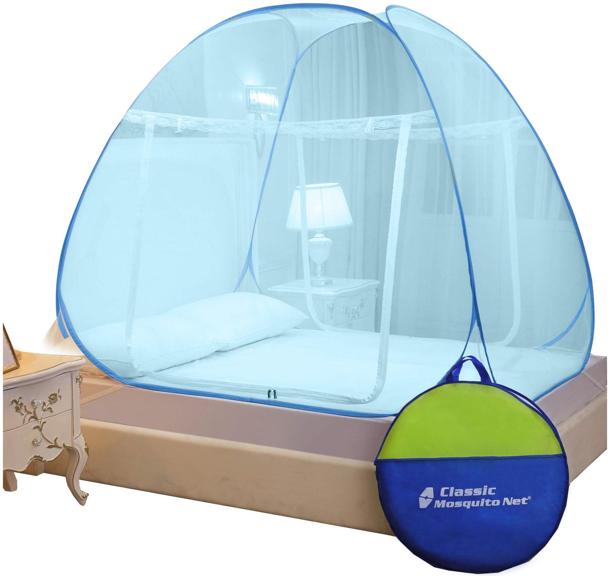 

Classic Mosquito Net Double Bed King Size Foldable Polyester - (L200cm X W200cm X H145cm) -Full Blue