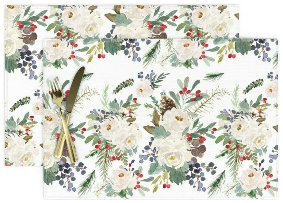 

Cloth Placemats Winter Holiday Christmas Florals White Red Floral Set of 2