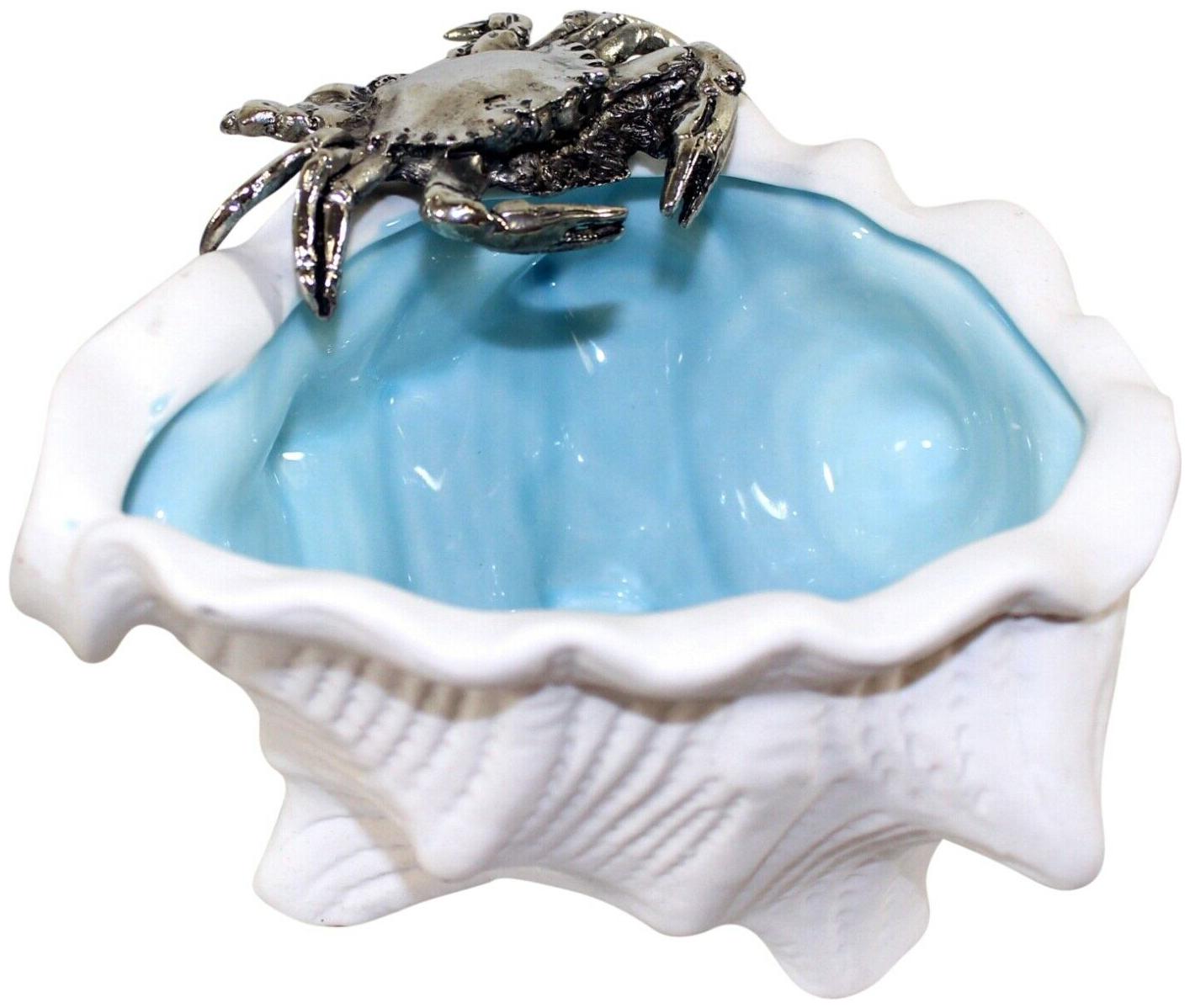 

Coastal Crab on White Conch Shell Dish Ceramic and Silver Metal Tabletop Decor