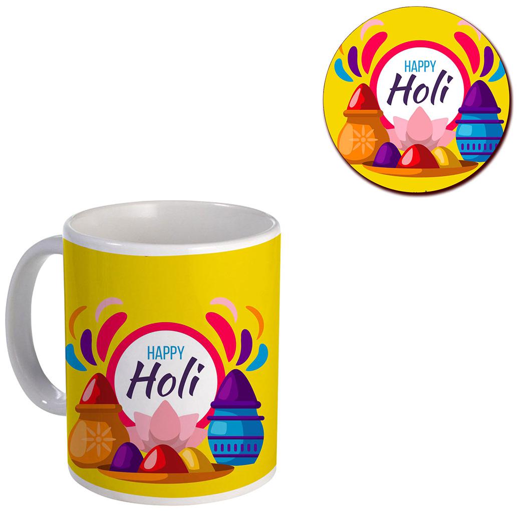 

Coloryard Best Happy Holi With Colorful-Holi-Gulal-Design On White Ceramic Coffee Mug And Coaster Gift