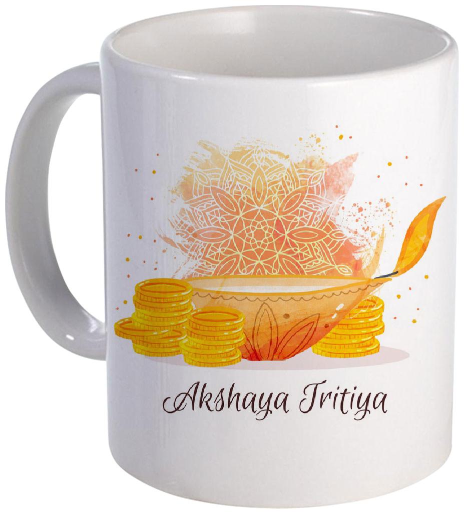 

Coloryard Best Happy Akshaya Tritiya With Golden-Coins Design On White Ceramic Coffee Mug Diwali Gift