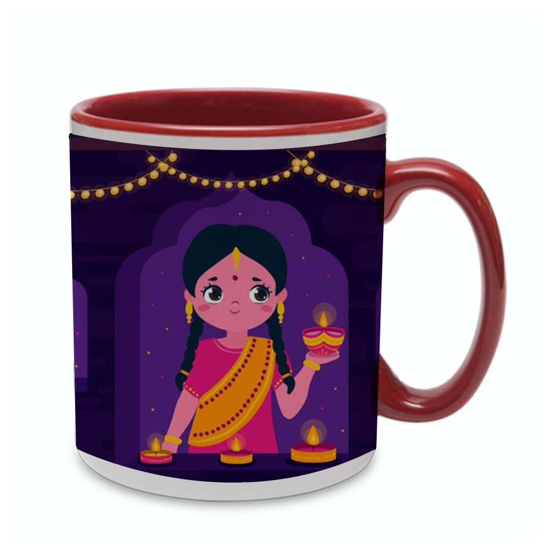 

Coloryard Best Happy Diwali With Diya Design On Maroon Inner Handle Ceramic Coffee Mug Gift