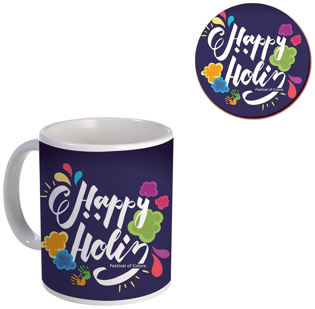 

Coloryard Best Happy Holi With Creative-Holi-Lettering-Design On White Ceramic Coffee Mug And Coaster Gift