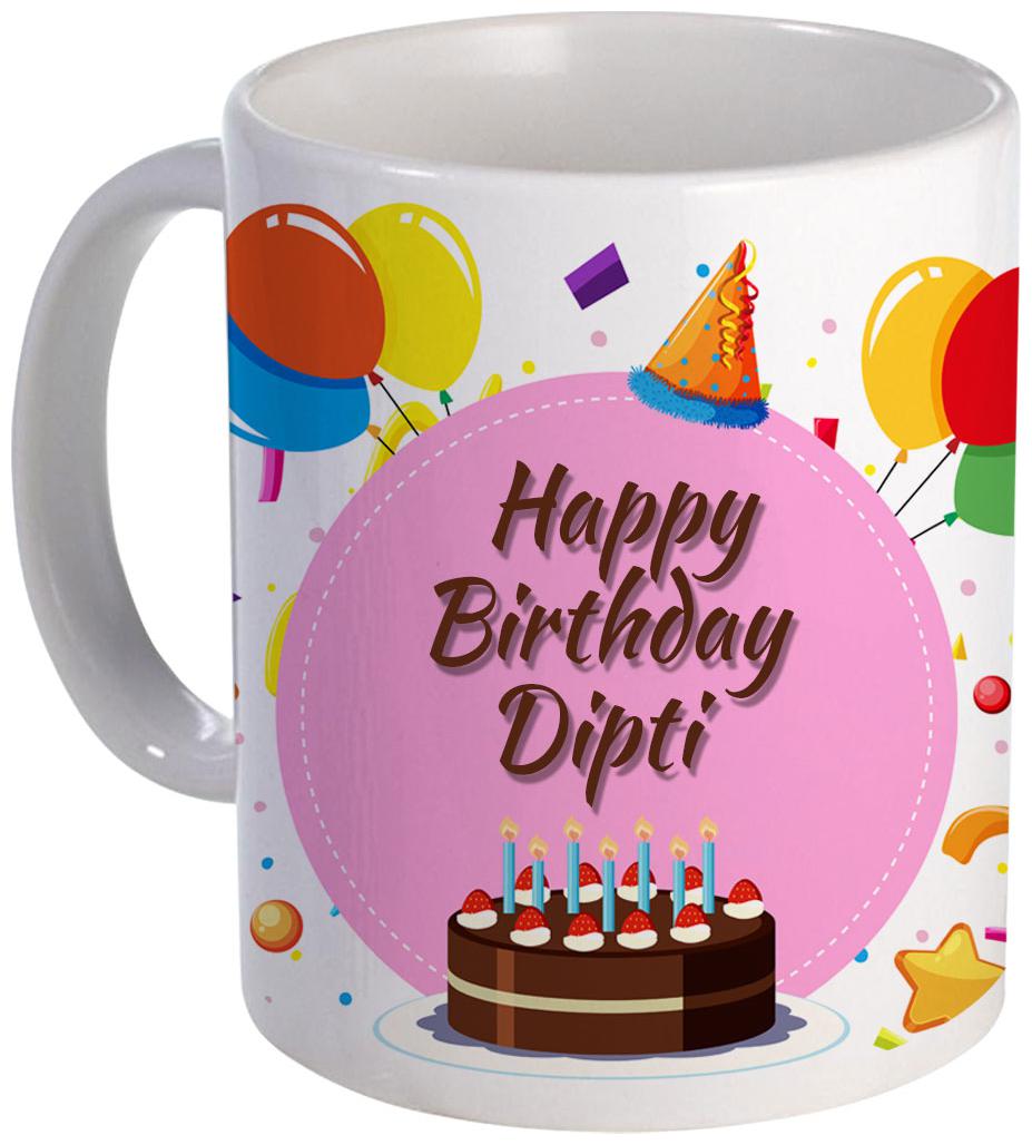 

Coloryard Best Happy Birth Day Dipti With Cake Balloons And Pink Color Design On White Ceramic Coffee Mug
