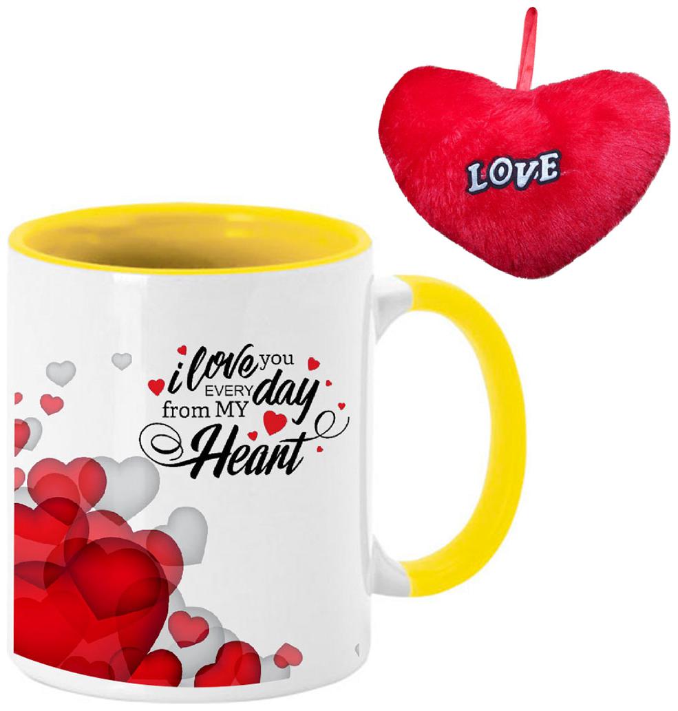 

COLORYARD best I love u everyday from my heart Happy Karwa Chauth on yellow inner handle ceramic coffee mug and red heart gift
