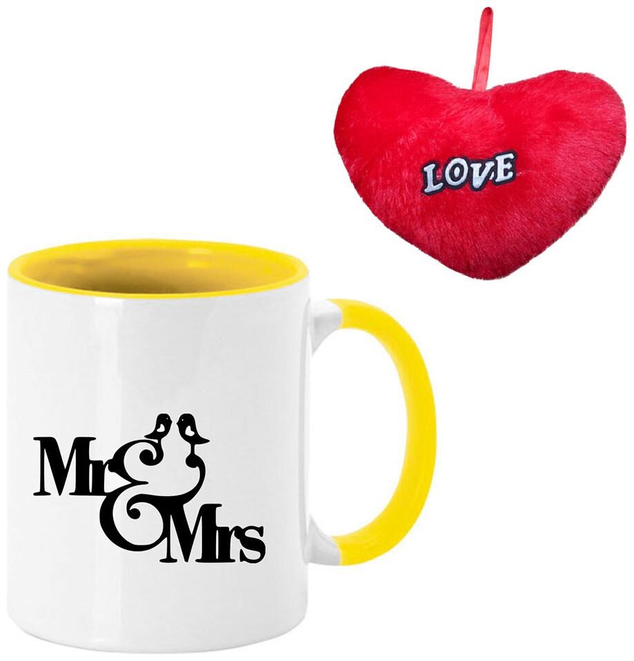 

COLORYARD best happy karwa chauth mr and mrs text with cute birds on yellow inner handle ceramic coffee mug and red heart gift