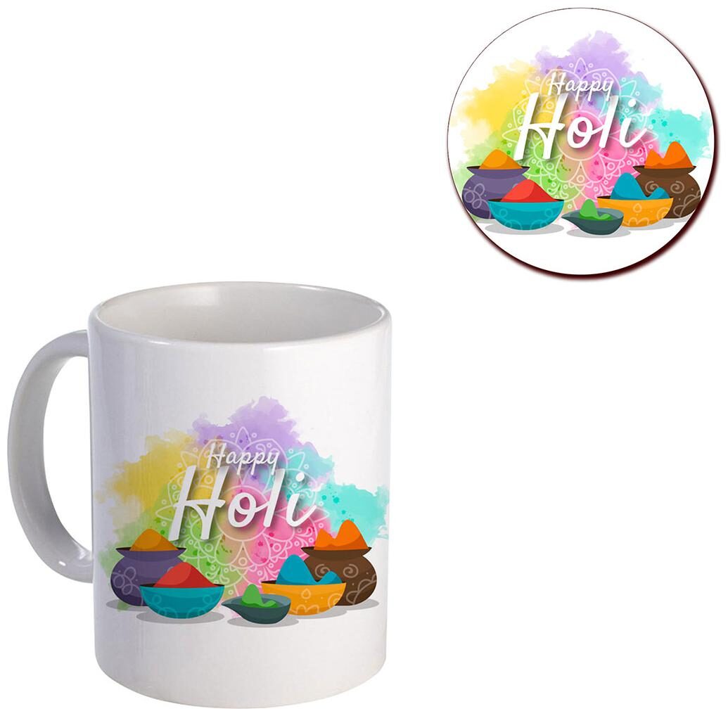 

Coloryard Best Happy Holi With Flat-Happy-Holi-Background Design On White Ceramic Coffee Mug And Coaster Gift