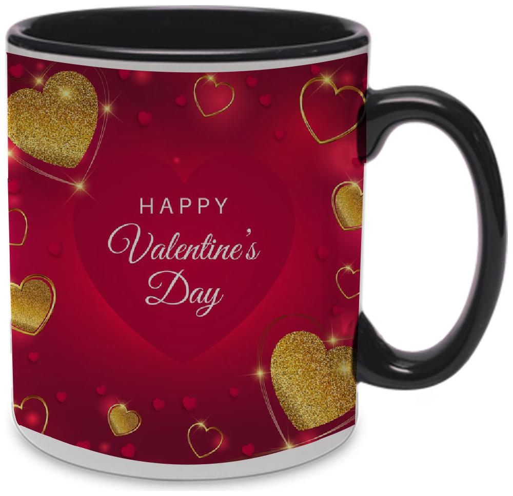 Coloryard Best Happy Valentines Day Gift With Golden Hearts Design On Black Inner Handle Ceramic Coffee Mug Gift
