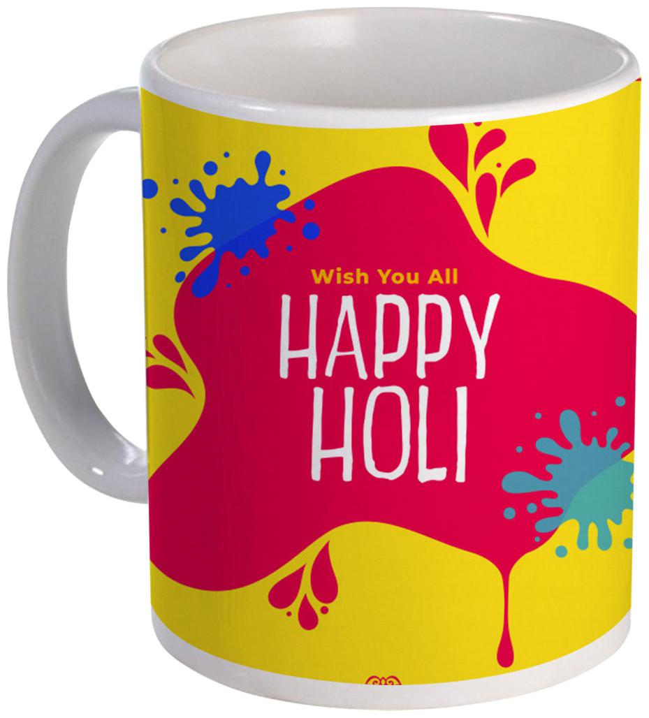 Coloryard Best Happy Holi With Holi-Celebration White Ceramic Coffee Mug Gift-Lettering Design On White Ceramic Coffee Mug Gift