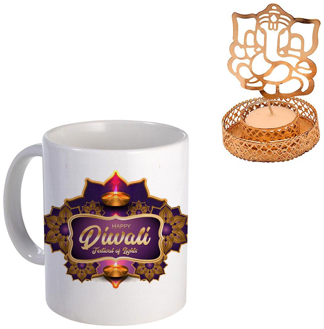 

Coloryard Best Happy Diwali Design Festival Lights With Gold-Oil-Lamp-Illustration Design With Ganesh On White Ceramic Coffee Mug For Gift