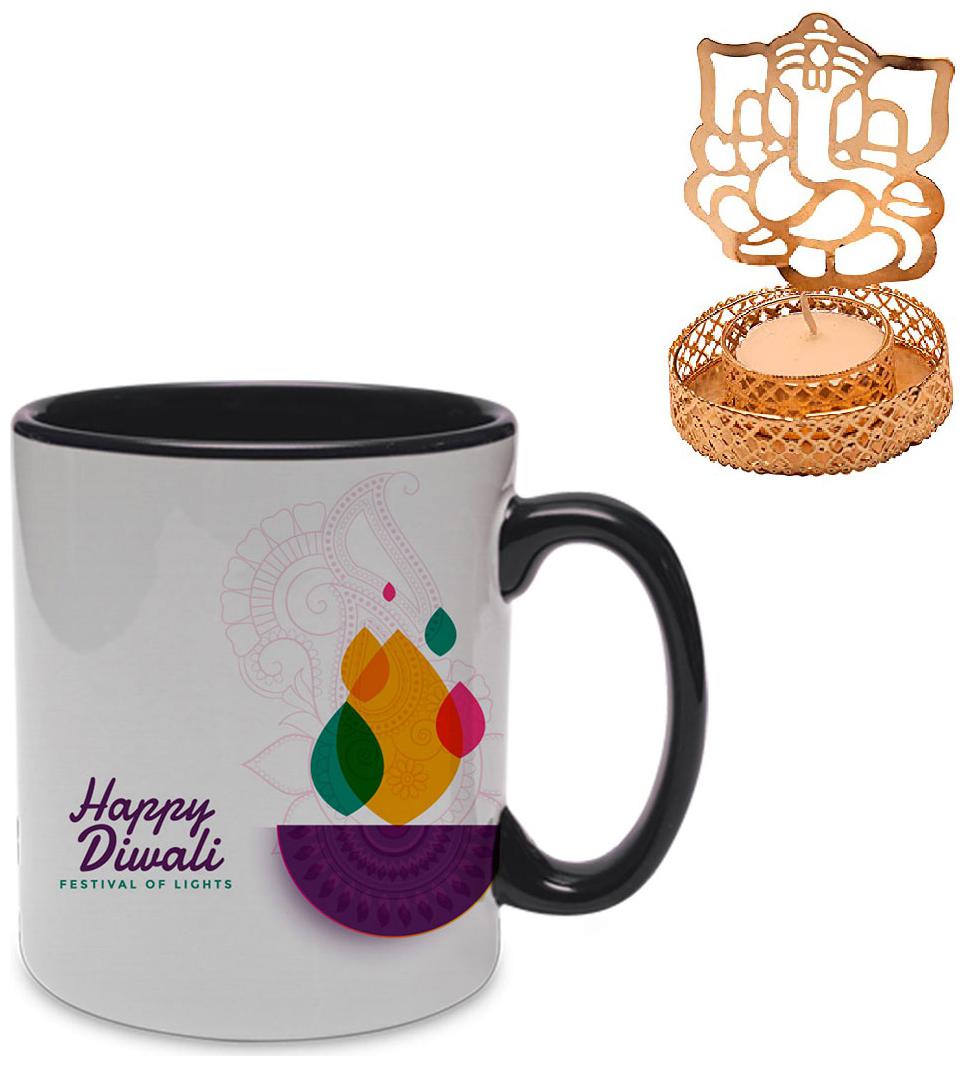 

Coloryard Happy Diwali Colorful Diya Lamp Design On Black Inner Handle Coffee Mug Combo With Metal Ganesh Gift