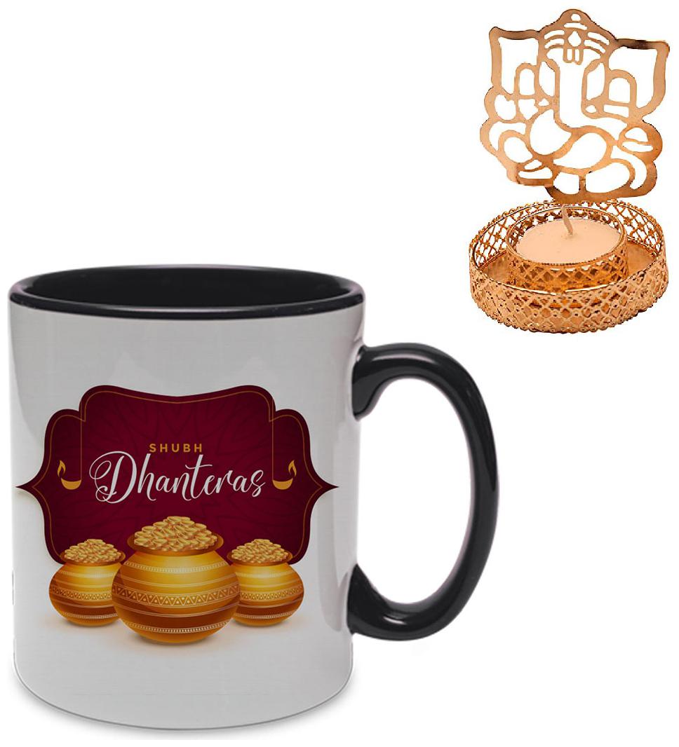 

Coloryard Happy Dhanteras Festival Greeting With Golden Pot On Black Inner Handle Coffee Mug Combo With Metal Ganesh Gift