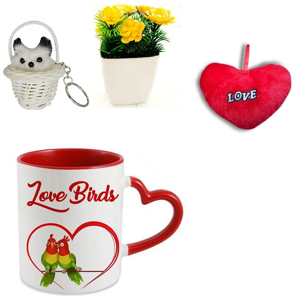 

Coloryard Love Birds Happy Karwa Chauth On Red Heart Handle Coffee Mug With Red Heart Keychain And Artificial Flower Port Combo Gift