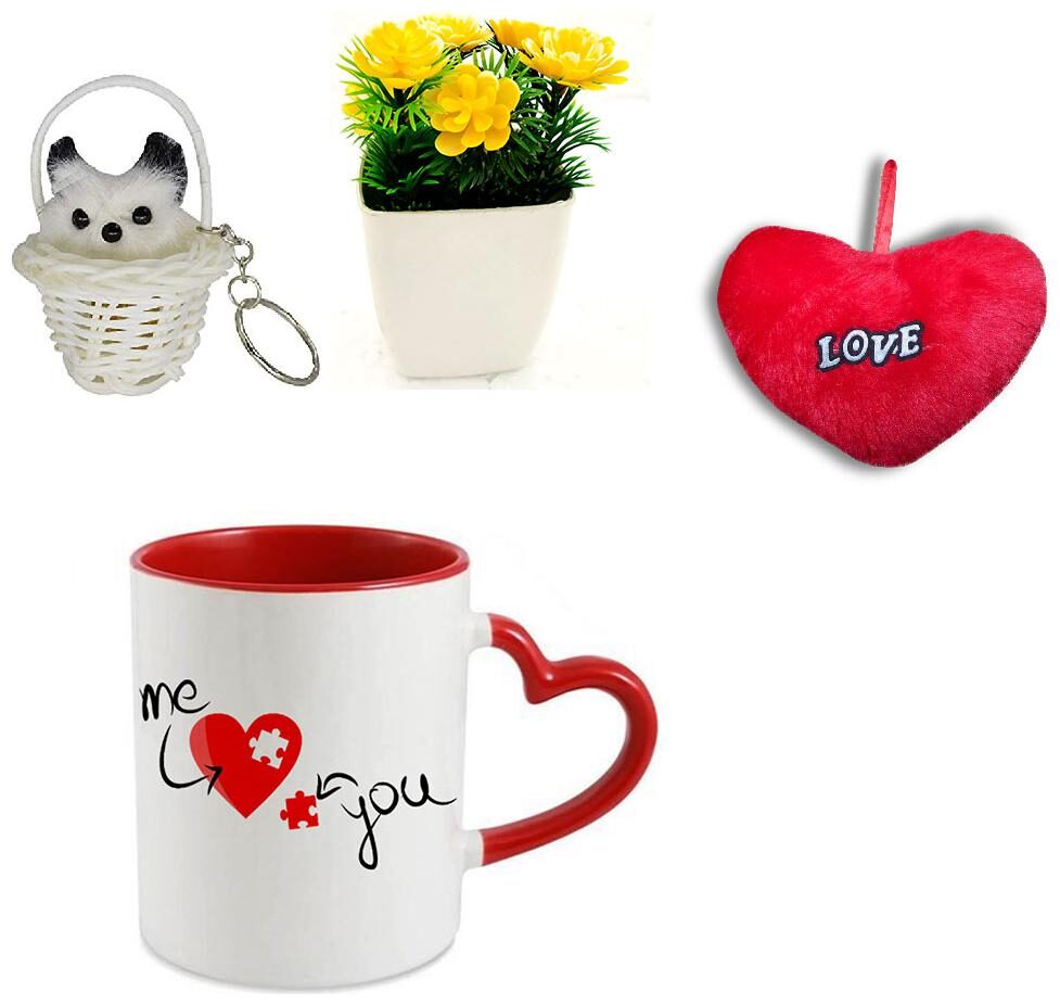 

Coloryard Me And You Happy Karwa Chauth On Red Heart Handle Coffee Mug With Red Heart Keychain And Artificial Flower Port Combo Gift