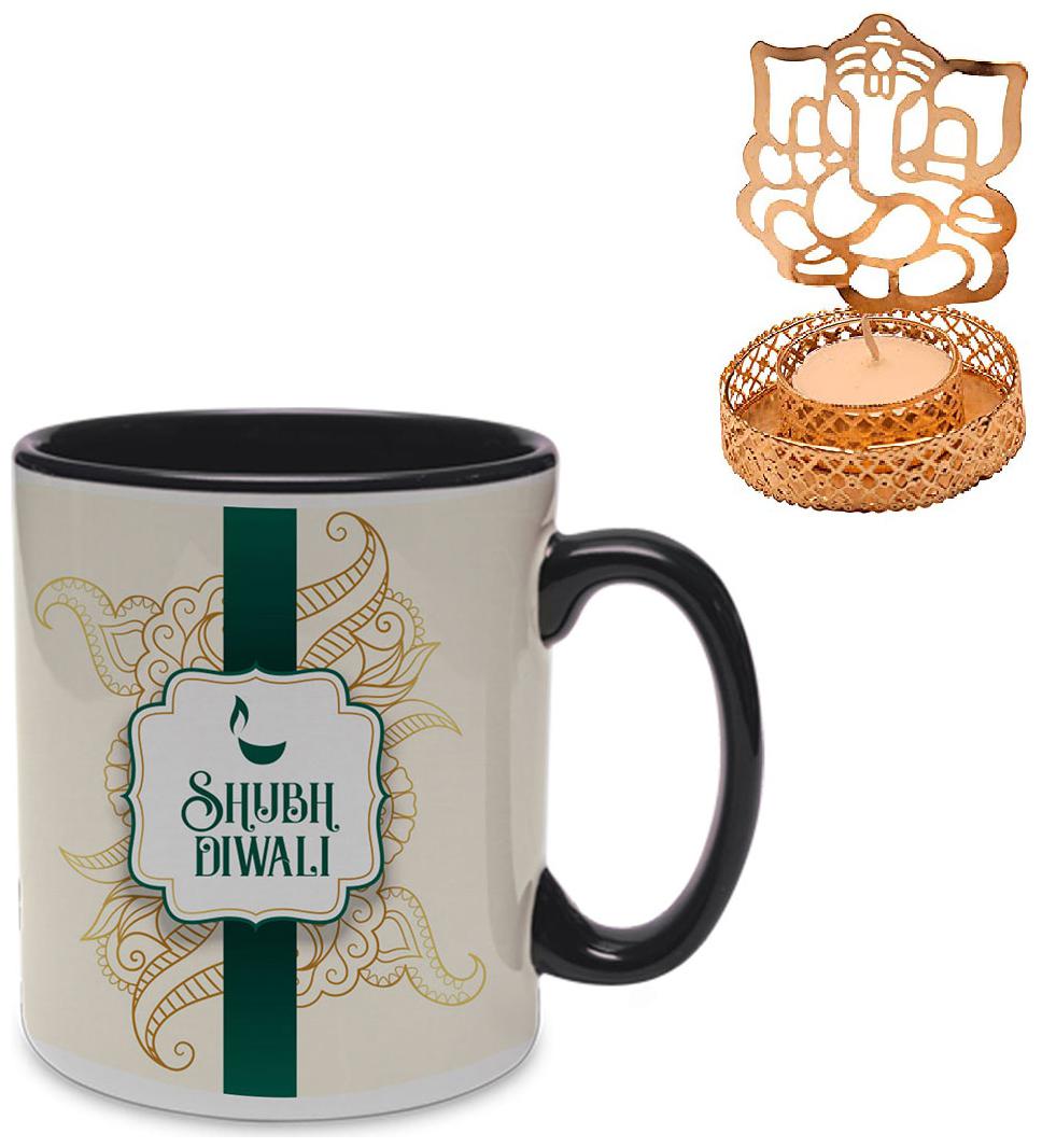

Coloryard Shubh-Diwali Festival Design On Black Inner Handle Coffee Mug Combo With Metal Ganesh Gift