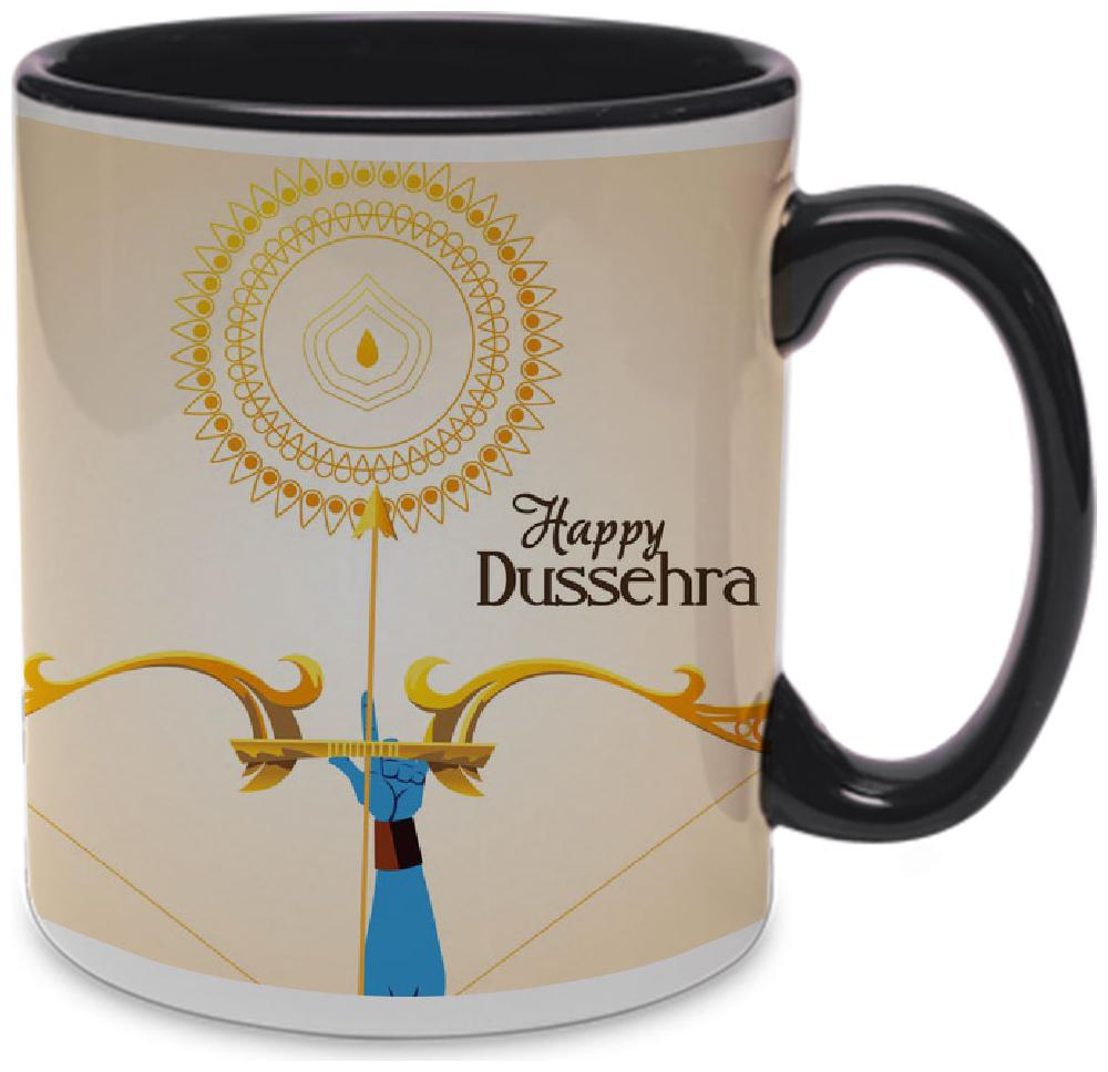 

COLORYARD best happy dussehra lord-ram-arm-with-bow-arrow design on black inner handle coffee mug gift