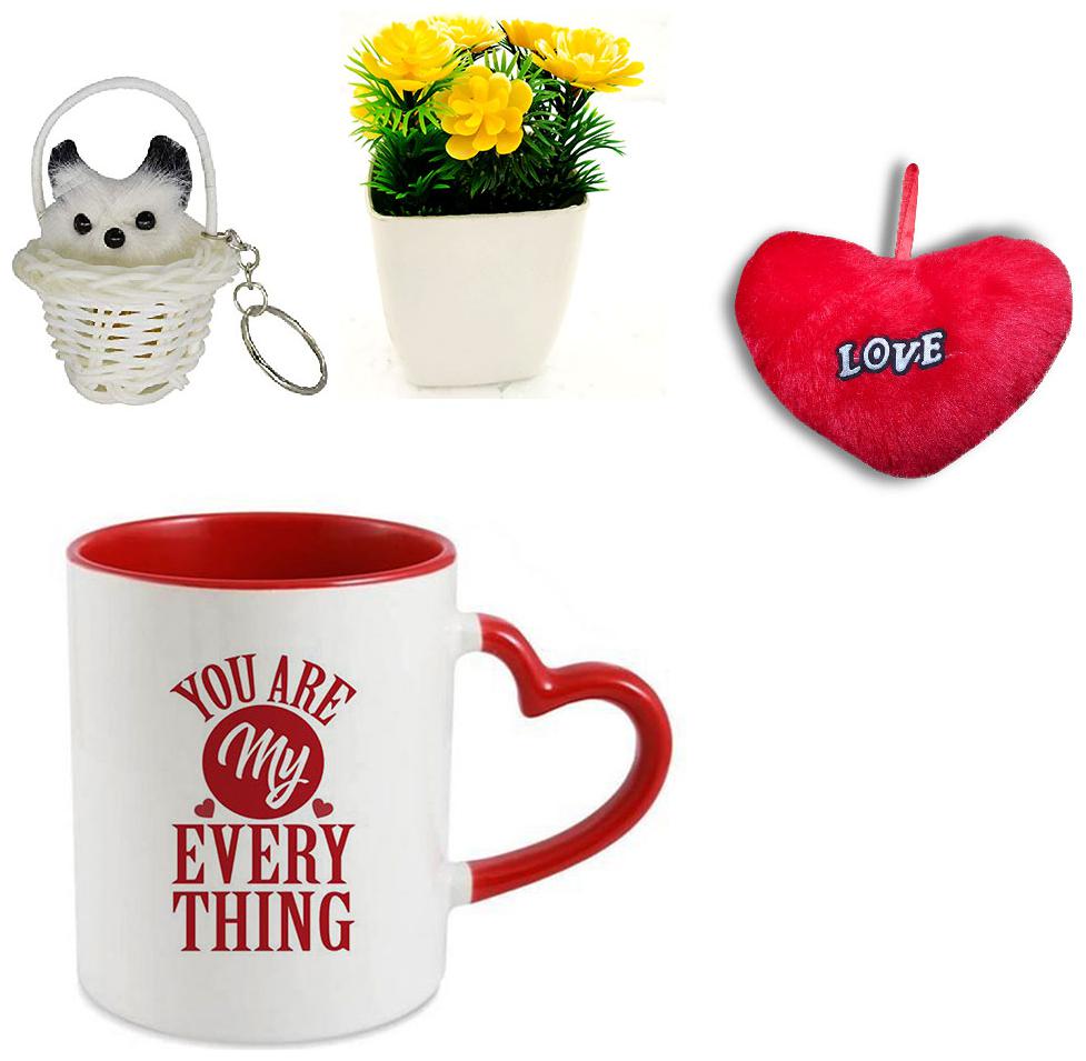 

Coloryard You Are My Every Thing Happy Karwa Chauth On Red Heart Handle Coffee Mug With Red Heart Keychain And Artificial Flower Port Combo Gift