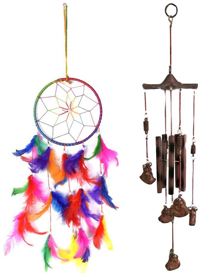 

Combo Of Multi Color 6 inch Dream Catcher And Feng Shui 5 Pipe Bhuddha Wind Chime