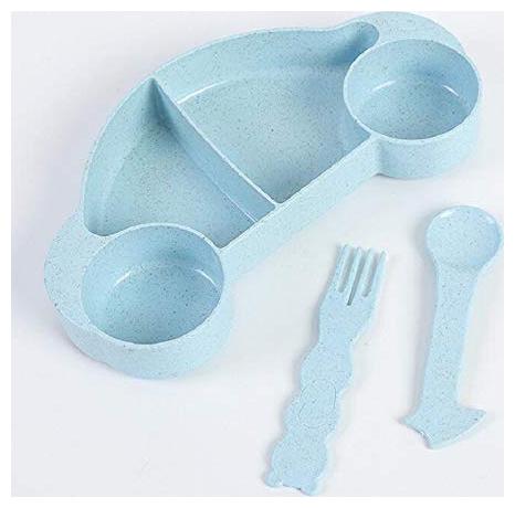 

CONNECTWIDE Children Baby Plate Bamboo Tableware Set Cartoon Car Kids Baby Dishes for Feeding Baby Eat Food Sub-Grid Bowl Children Plate 1 Set (1 Bowl 1 Spoon 1 Fork) (Blue)
