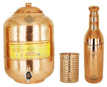 Copper Water Pot Tank 16 L Hammered Water Bottle 1.7 L 6 Glass 350 ml
