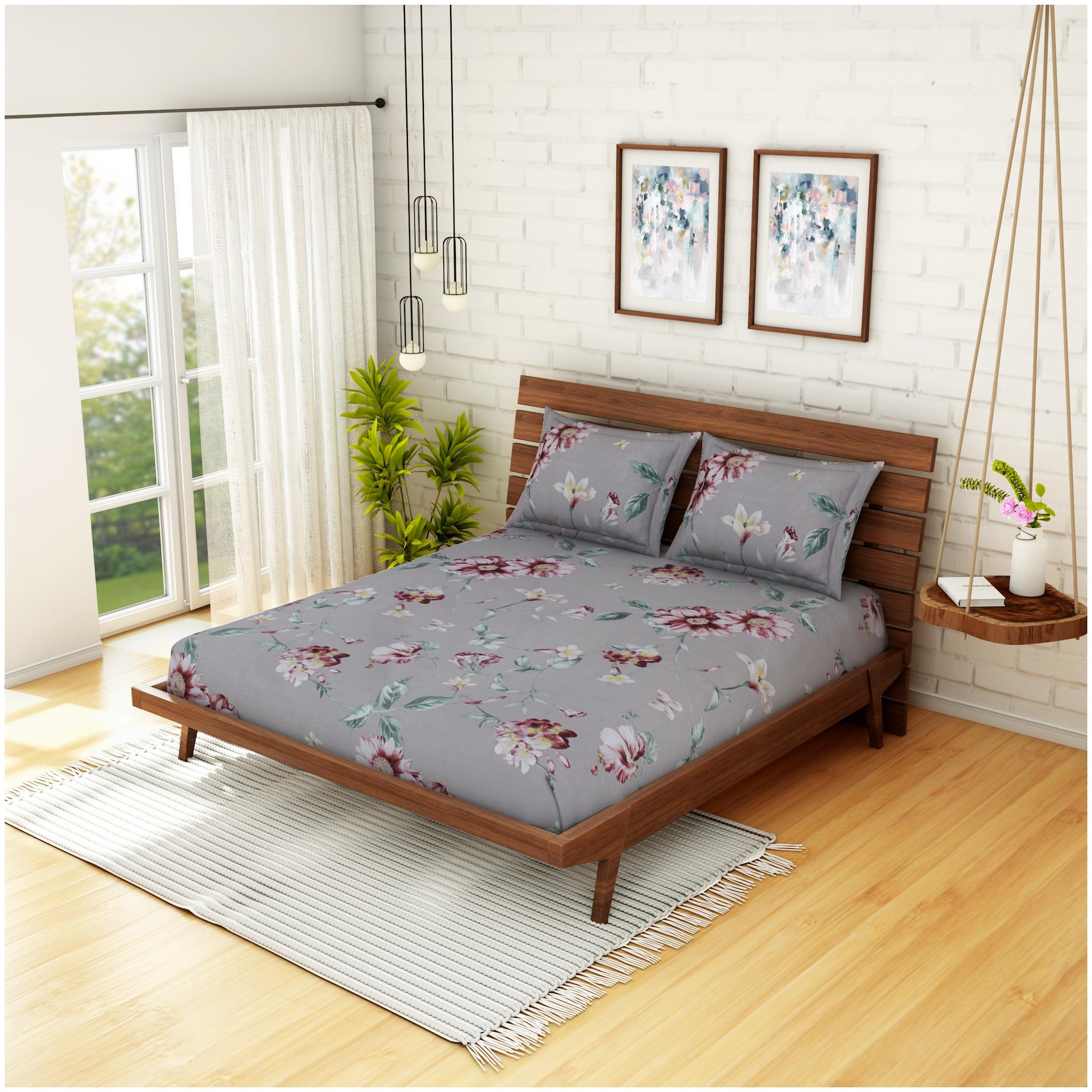 

CORE Designed by Spaces Cotton Floral Double Size Bedsheet 210 TC ( 1 Bedsheet With 2 Pillow Covers Grey )